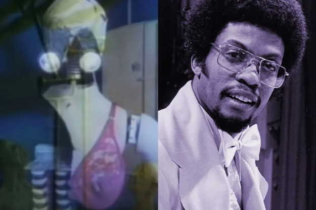 Left: screengrab from 'Rockit' video. Right: Herbie Hancock in 1976 (CBS Television)