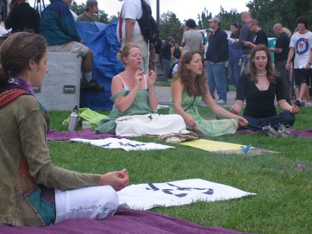 Hippies meditating.